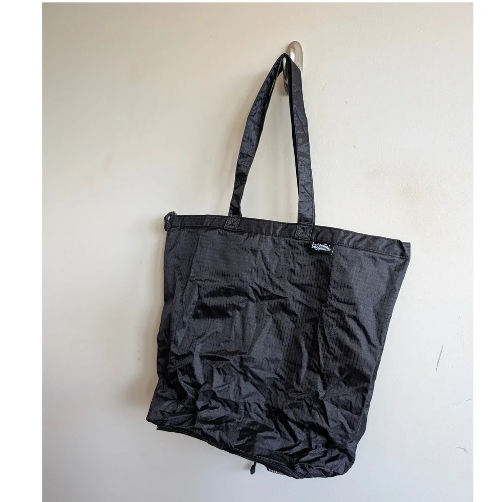 Baggallini Black Ripstop Nylon Foldable Travel Tote Bag with Zippered Bottom